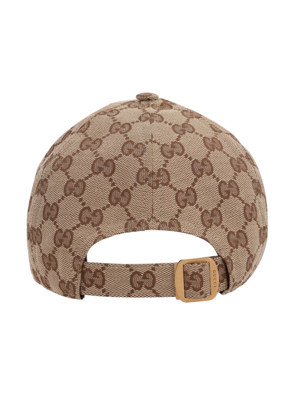 Beige cap with brown Gucci logo pattern on a white background
