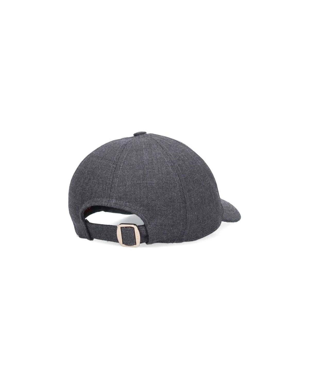 A dark gray textured baseball cap shown from the back, featuring an adjustable black strap with a small gold-tone metal buckle, set against a plain white background.