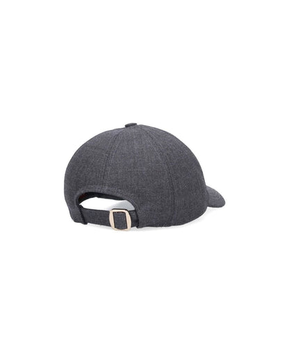 A dark gray textured baseball cap shown from the back, featuring an adjustable black strap with a small gold-tone metal buckle, set against a plain white background.