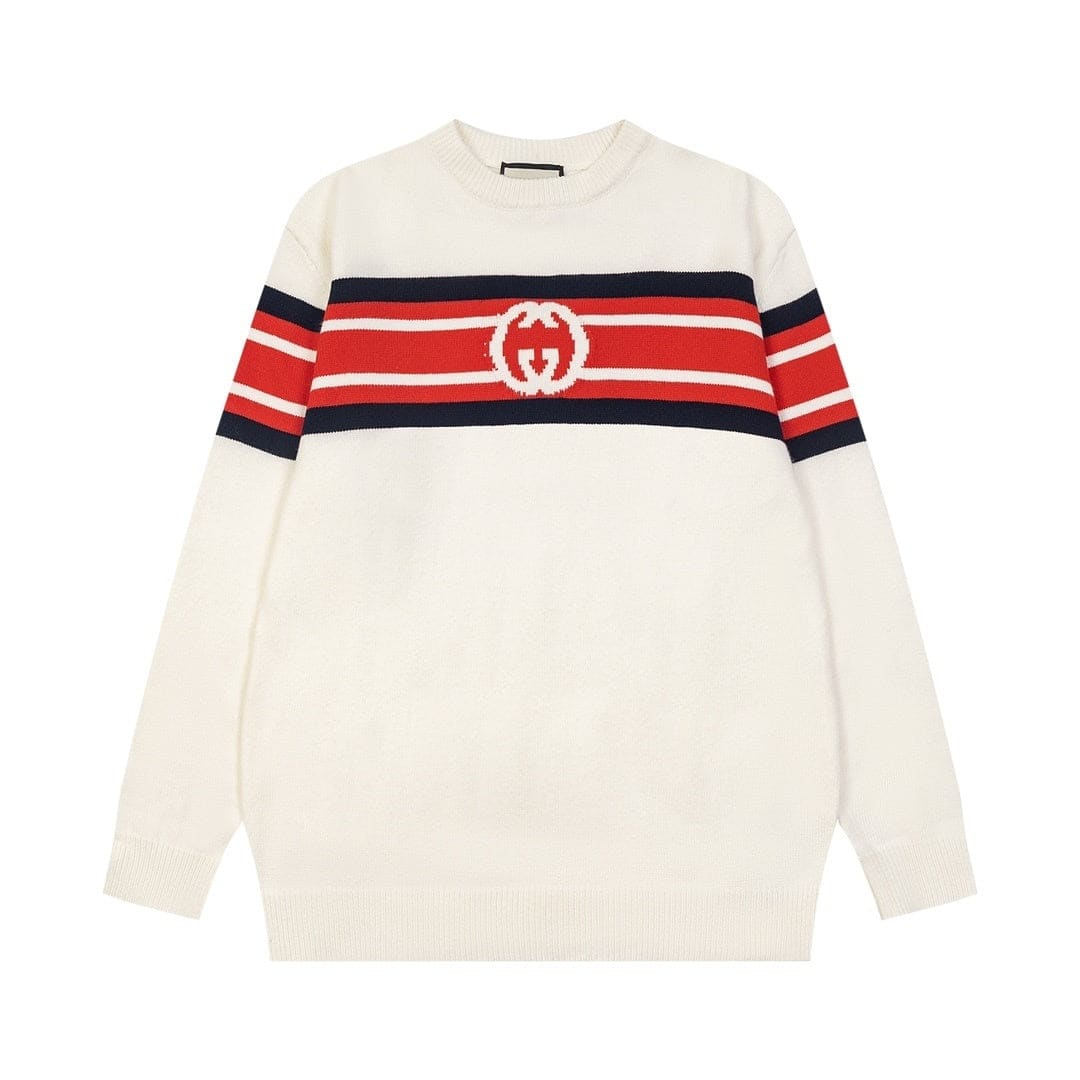An off-white knit sweater featuring a bold horizontal stripe pattern across the chest and sleeves in red, navy blue, and white, with a white interlocking GG logo on the chest. The brand is Gucci.
