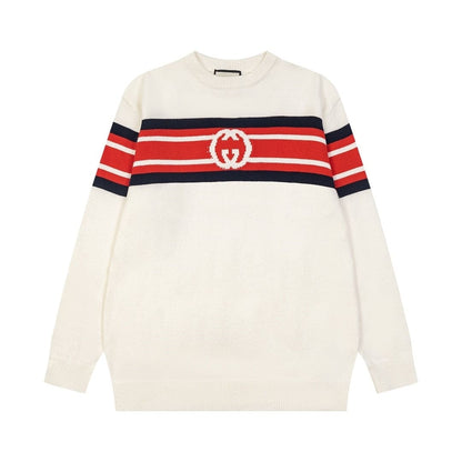 An off-white knit sweater featuring a bold horizontal stripe pattern across the chest and sleeves in red, navy blue, and white, with a white interlocking GG logo on the chest. The brand is Gucci.