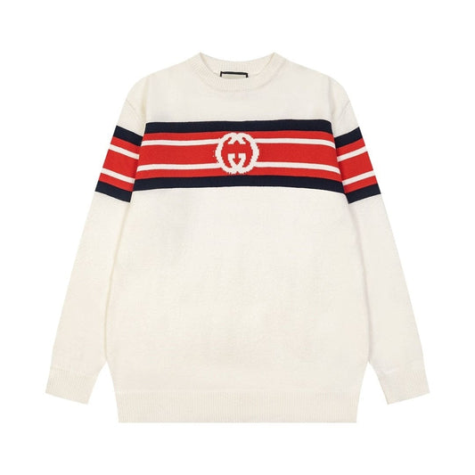 An off-white knit sweater featuring a bold horizontal stripe pattern across the chest and sleeves in red, navy blue, and white, with a white interlocking GG logo on the chest. The brand is Gucci.