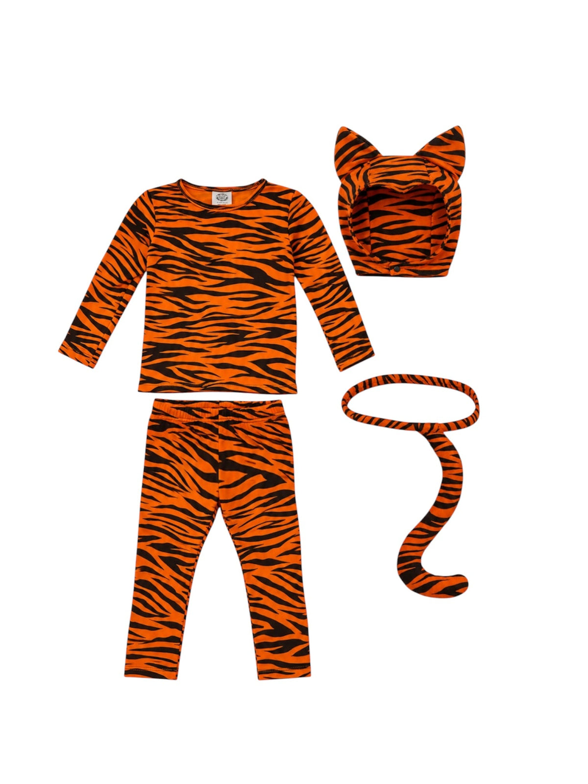 A baby tiger costume set featuring a long-sleeve top, matching pants, a cat hat with ears, and a tail, all in a vibrant orange and black tiger stripe pattern, displayed on a solid white background.