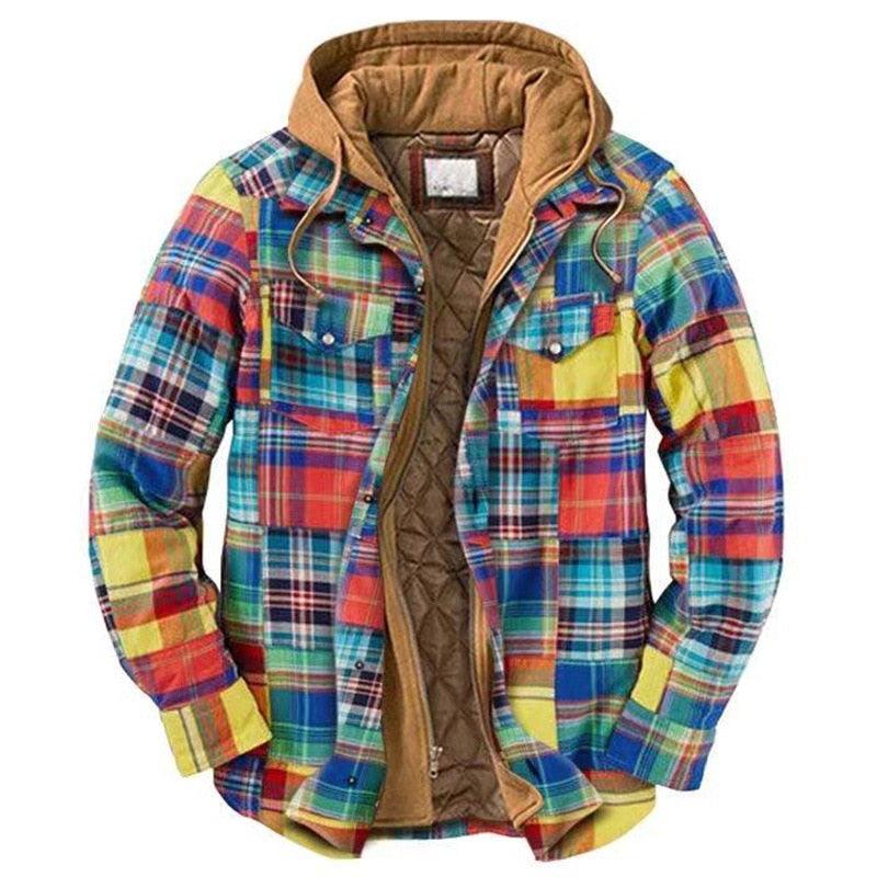 Colorful plaid jacket with a brown hood on a white background