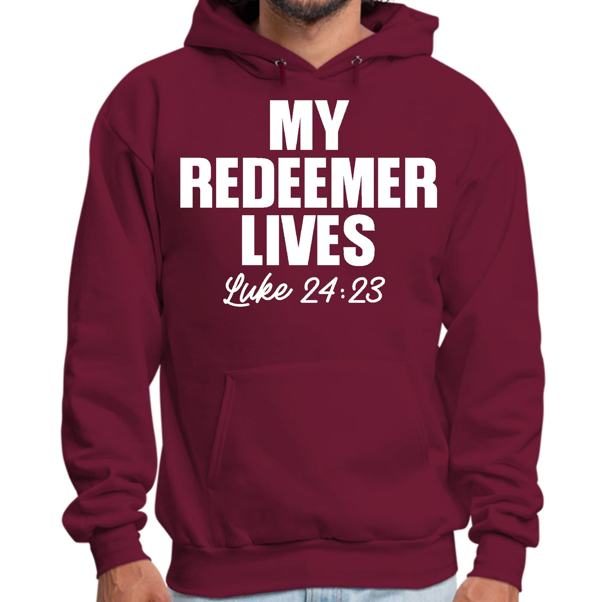 Maroon hoodie with 'My Redeemer Lives Luke 24:23' text on a white background