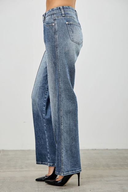 Women's Mid Rise Straight Leg Pintuck Denim Jean Pants
