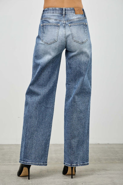 Women's Mid Rise Straight Leg Pintuck Denim Jean Pants