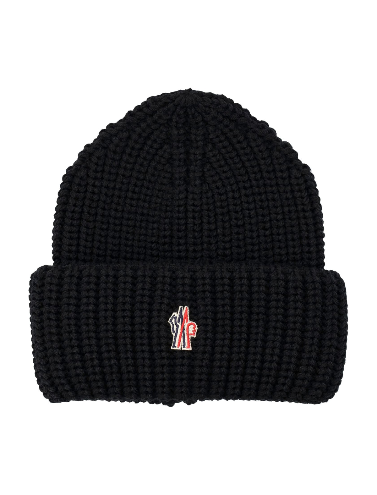 Black knit beanie with a small logo on a white background