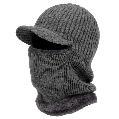 Gray knit balaclava with a cap on a white background