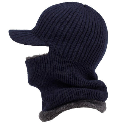 Navy blue knitted balaclava with gray trim on a white background