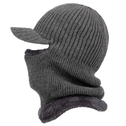 Gray knit balaclava with ear flaps on a white background