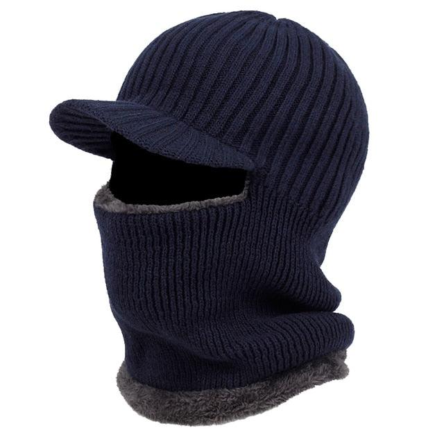 Navy blue knitted balaclava with a cap on a white background