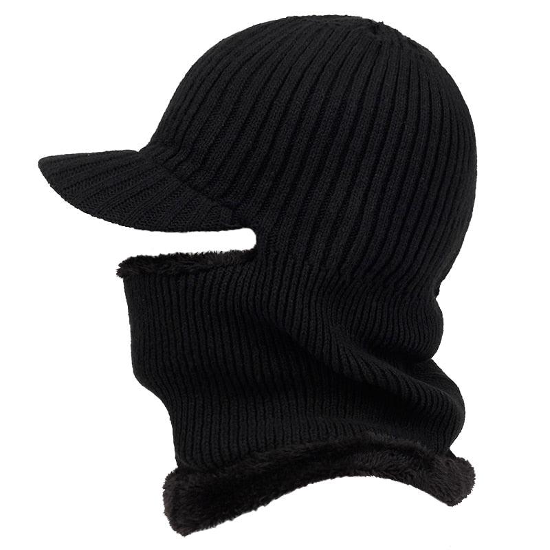 Black knit balaclava with a cap on a white background