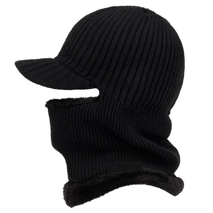 Black knit balaclava with a cap on a white background