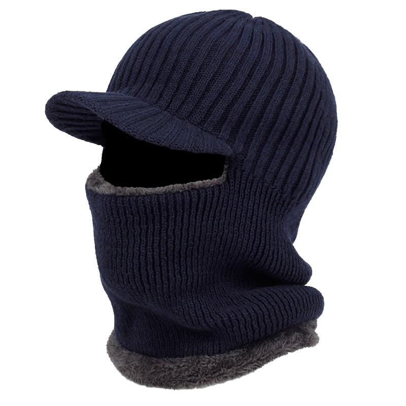 Navy blue knitted balaclava with a cap on a white background