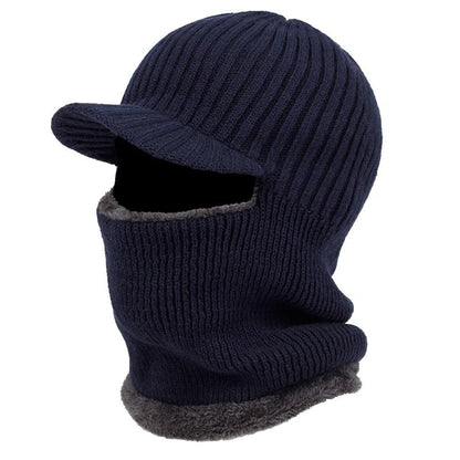 Navy blue knitted balaclava with a cap on a white background