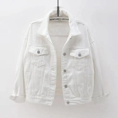 A white denim jacket with a pointed collar, button front, and two chest flap pockets, hanging against a plain light background. The neck label reads BERNARD LAFOND.