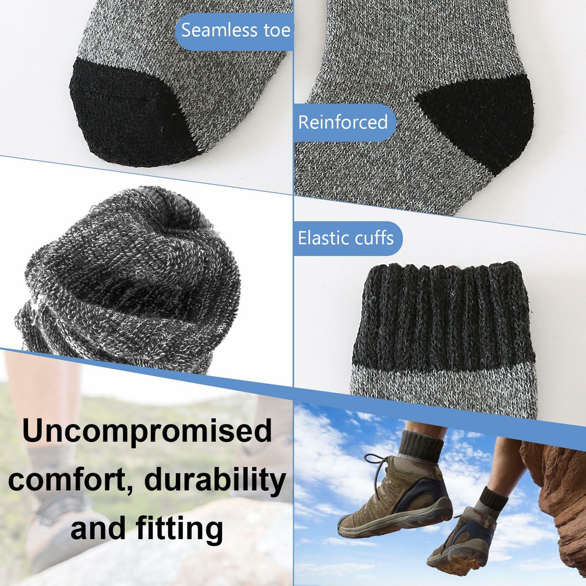 ATTIQOZI Men's Merino Wool Thermal Crew Socks Gray Khaki Blue 6 Pairs Size 8-13