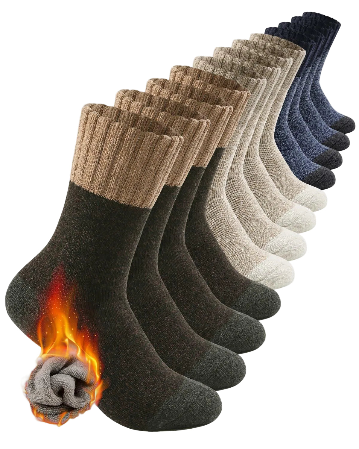 Six pairs of men's mid-calf socks arranged in a fan shape on a white background, showing color options from dark brown to navy blue. A graphic of a cozy sock with a flame icon is shown in the bottom left corner to emphasize warmth.