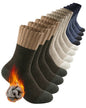 Six pairs of men's mid-calf socks arranged in a fan shape on a white background, showing color options from dark brown to navy blue. A graphic of a cozy sock with a flame icon is shown in the bottom left corner to emphasize warmth.