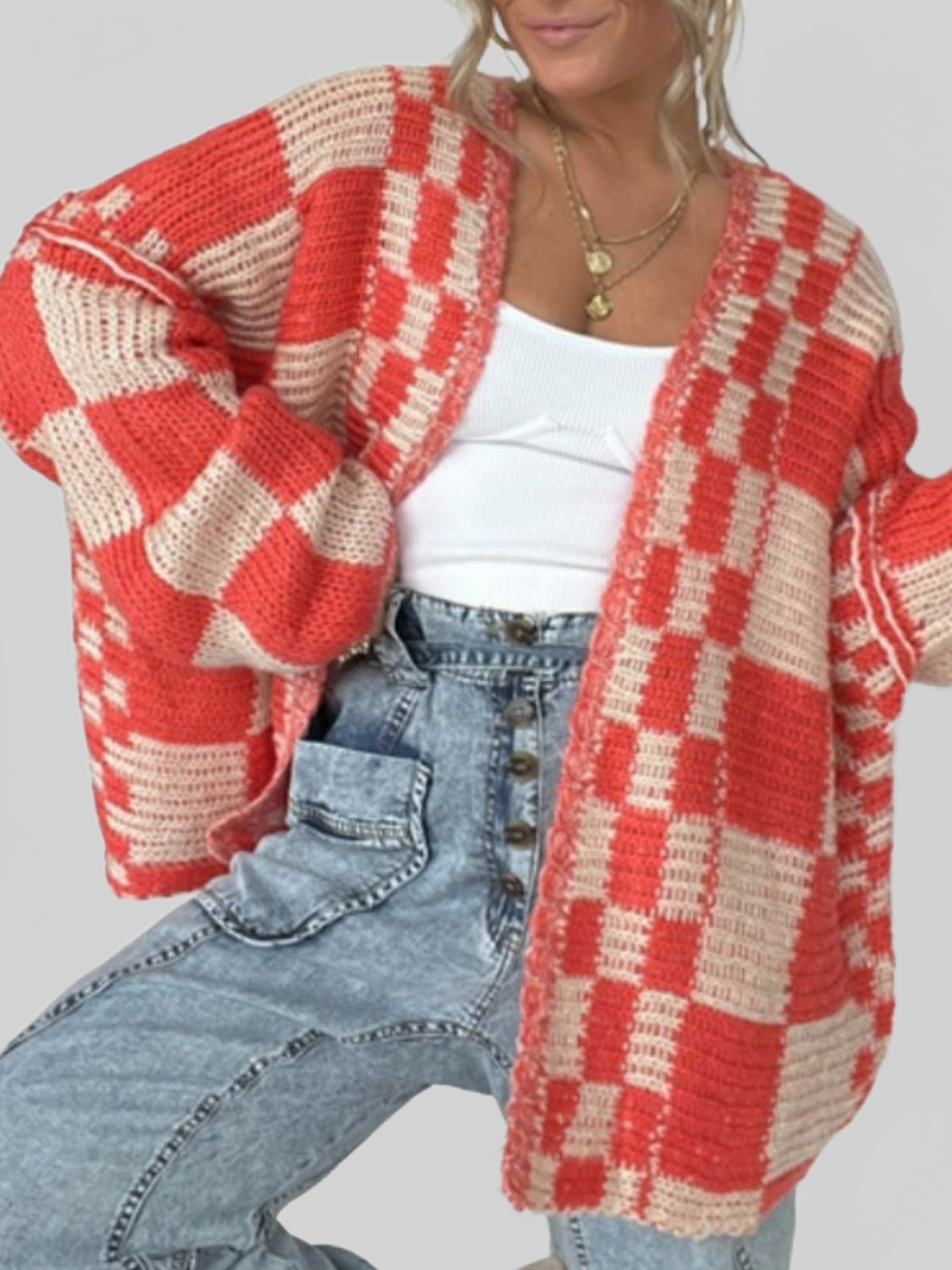 Women's Plaid Open Front Long Sleeve Cardigan Sweater