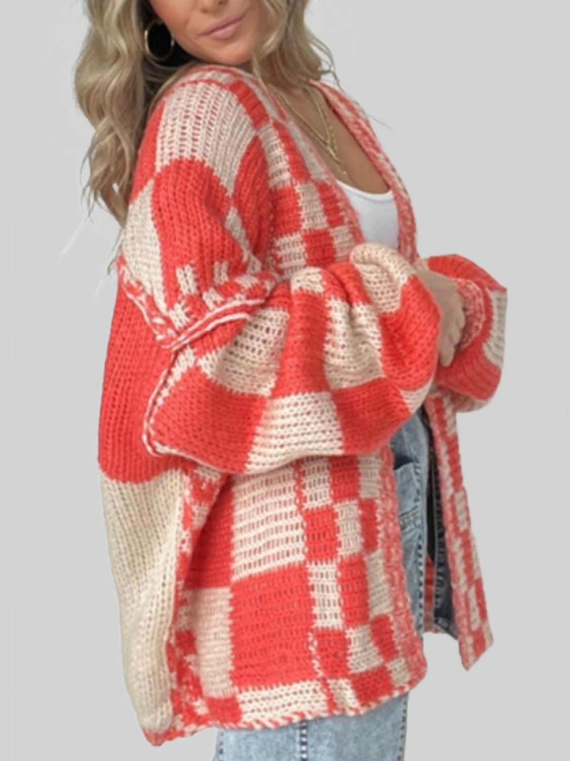 Women's Plaid Open Front Long Sleeve Cardigan Sweater