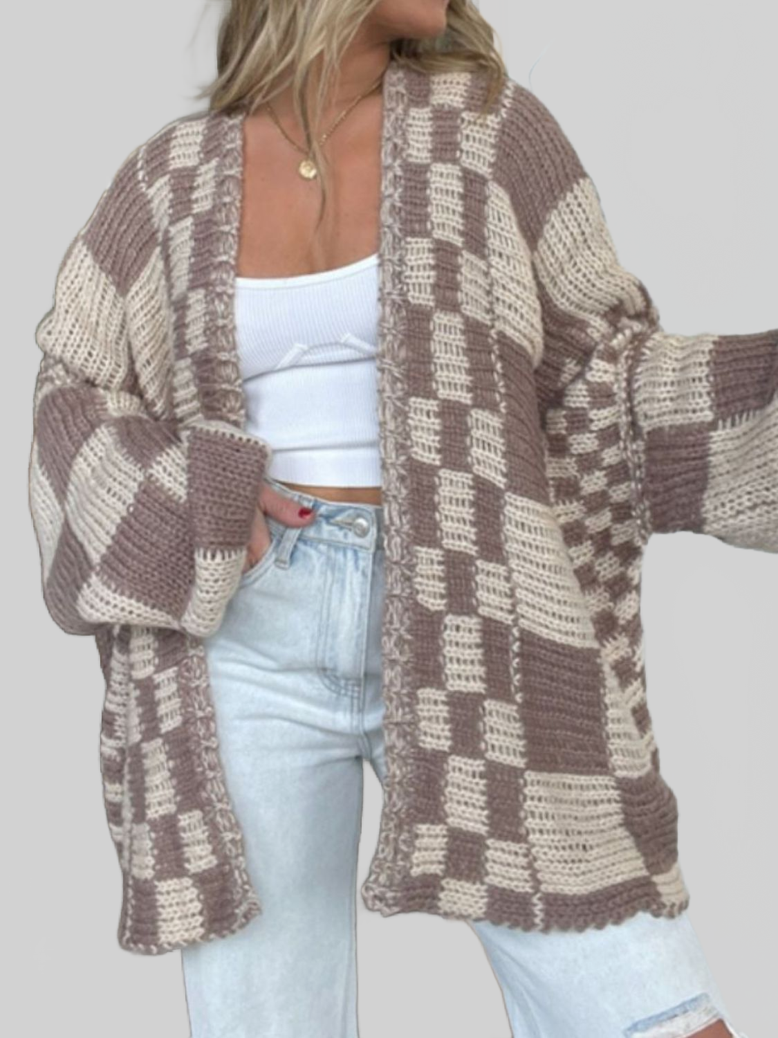 Women's Plaid Open Front Long Sleeve Cardigan Sweater