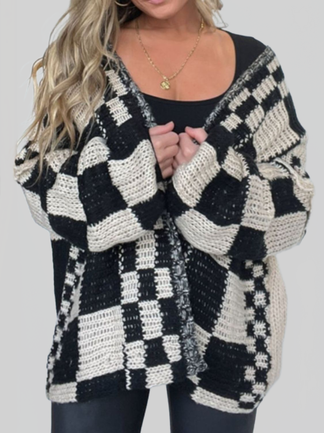 Women's Plaid Open Front Long Sleeve Cardigan Sweater