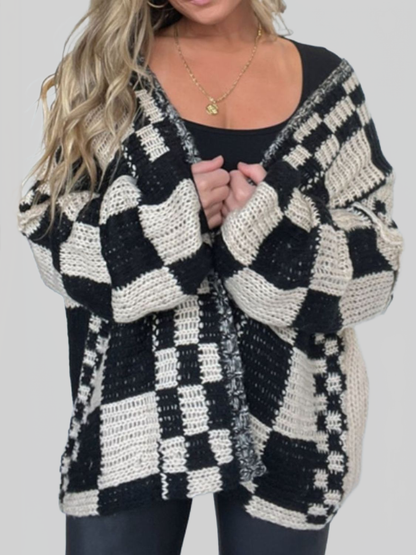 Women's Plaid Open Front Long Sleeve Cardigan Sweater