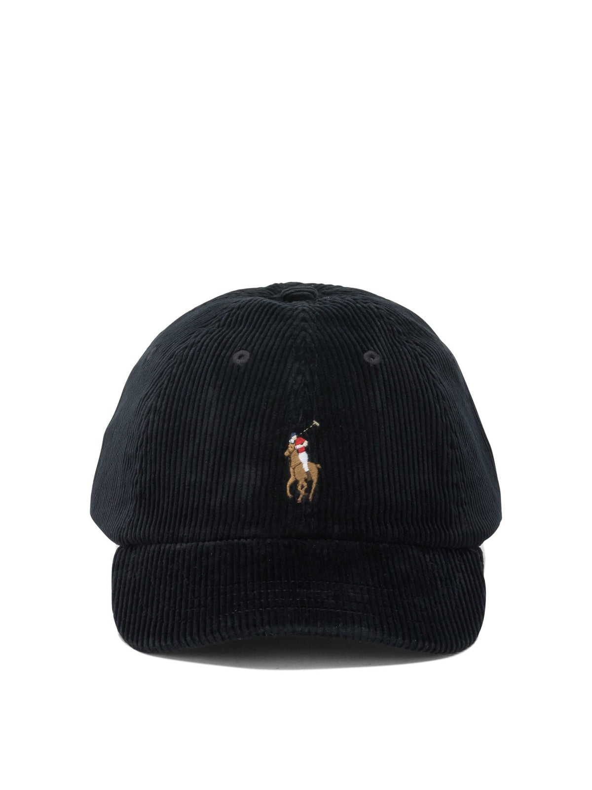 Black corduroy cap with embroidered logo on a white background