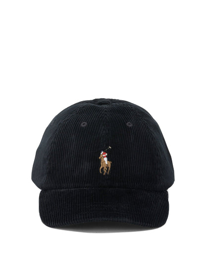 Black corduroy cap with embroidered logo on a white background