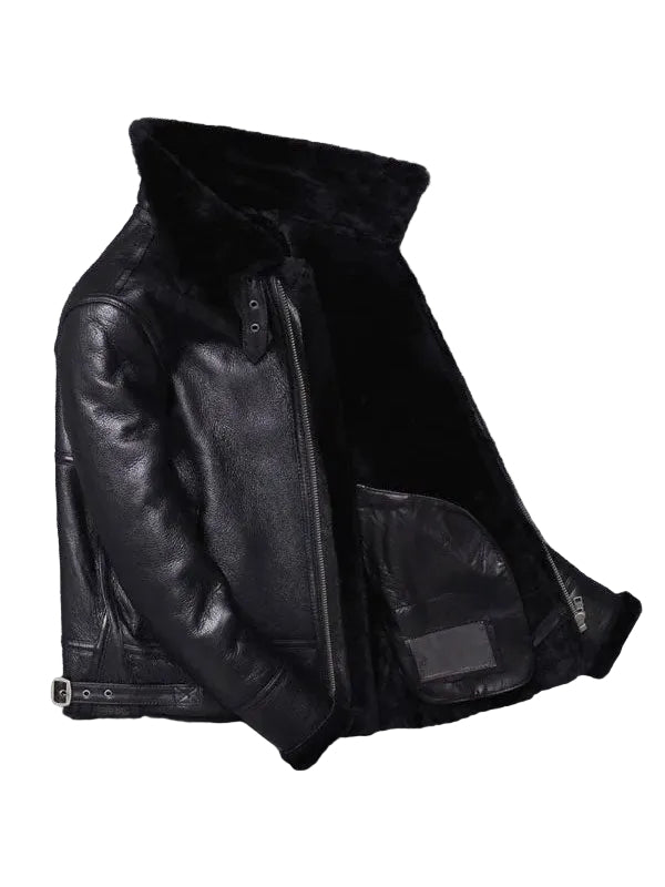 Black leather jacket with fur lining on a gray background