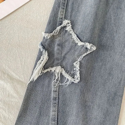 Star Patch Ripped High Waist Straight Leg Jeans – Women's Loose Fit Denim