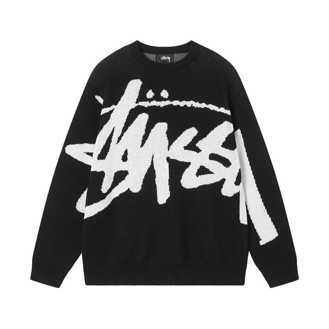 Black sweater with white logo on a white background