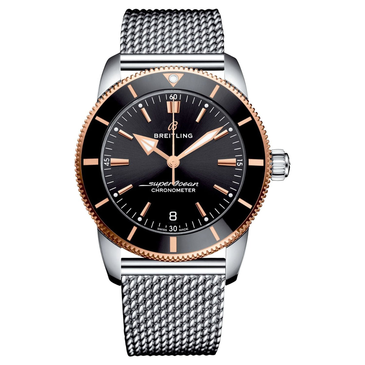 A Breitling Super Marine chronometer watch with a black dial, black bezel, silver-toned steel mesh bracelet, and a rose gold-tone bezel and indices, shown on a plain white background.