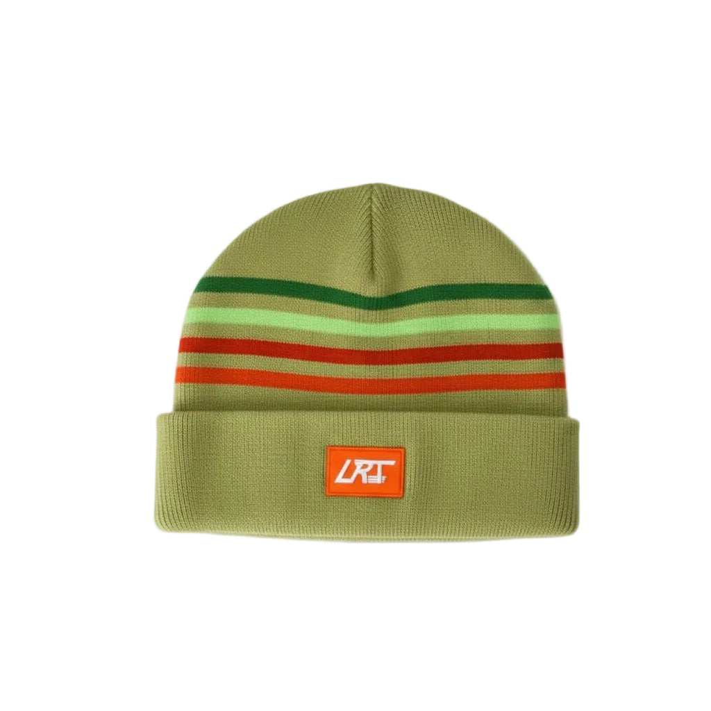 An olive green knit beanie hat featuring horizontal stripes in dark green, light green, red, and orange, with a folded cuff displaying an orange square patch with the white letters 'LRT'.