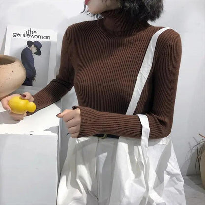Vintage Style Autumn Winter Thick Sweater For Women Knitted Ribbed Pullover Sweater Long Sleeve Turtleneck Slim Jumper Soft Warm Pullover