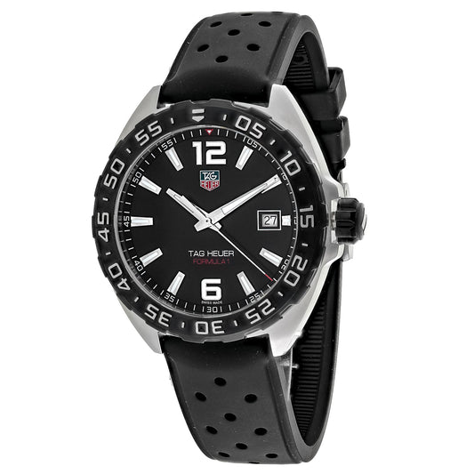 Black TAG Heuer watch with a black strap on a white background