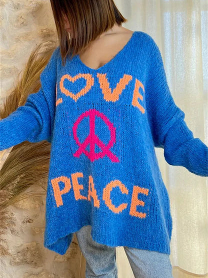 Women's V-neck letter loose and lazy knitted sweater