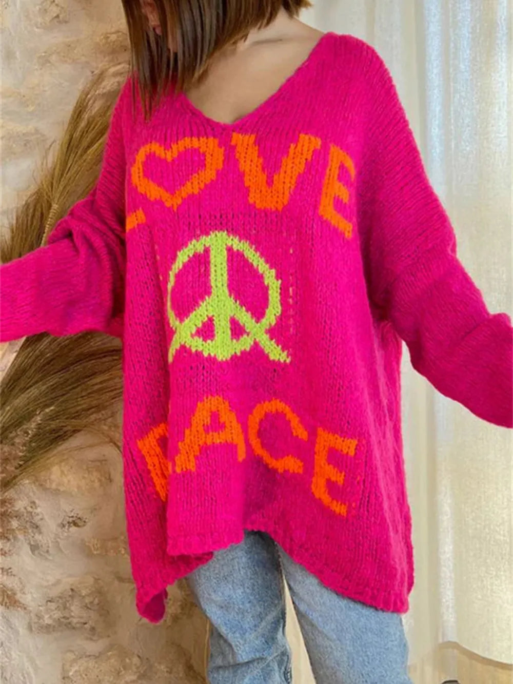 Women's V-neck letter loose and lazy knitted sweater