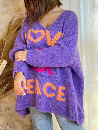Women's V-neck letter loose and lazy knitted sweater