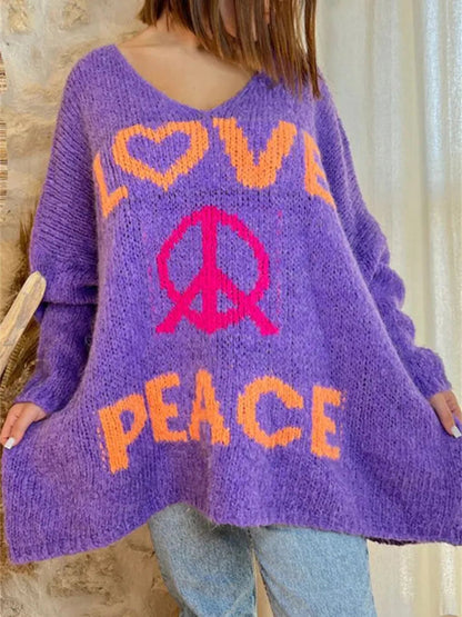 Women's V-neck letter loose and lazy knitted sweater