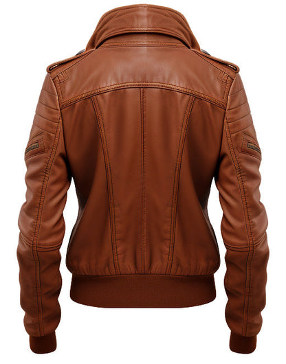 Women Leather Jacket Tan Bomber Style