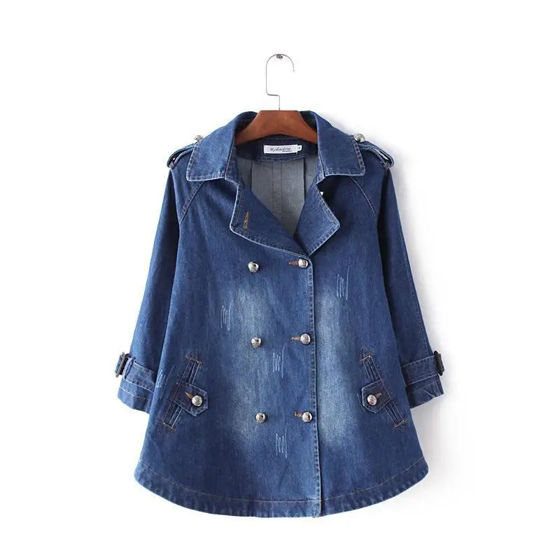 Denim jacket on a hanger against a white background