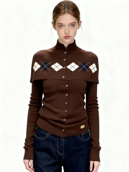 Women's French Retro Brown Argyle Knit Cardigan Faux Two-Piece Button Design Sweater