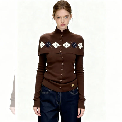 Women's French Retro Brown Argyle Knit Cardigan Faux Two-Piece Button Design Sweater