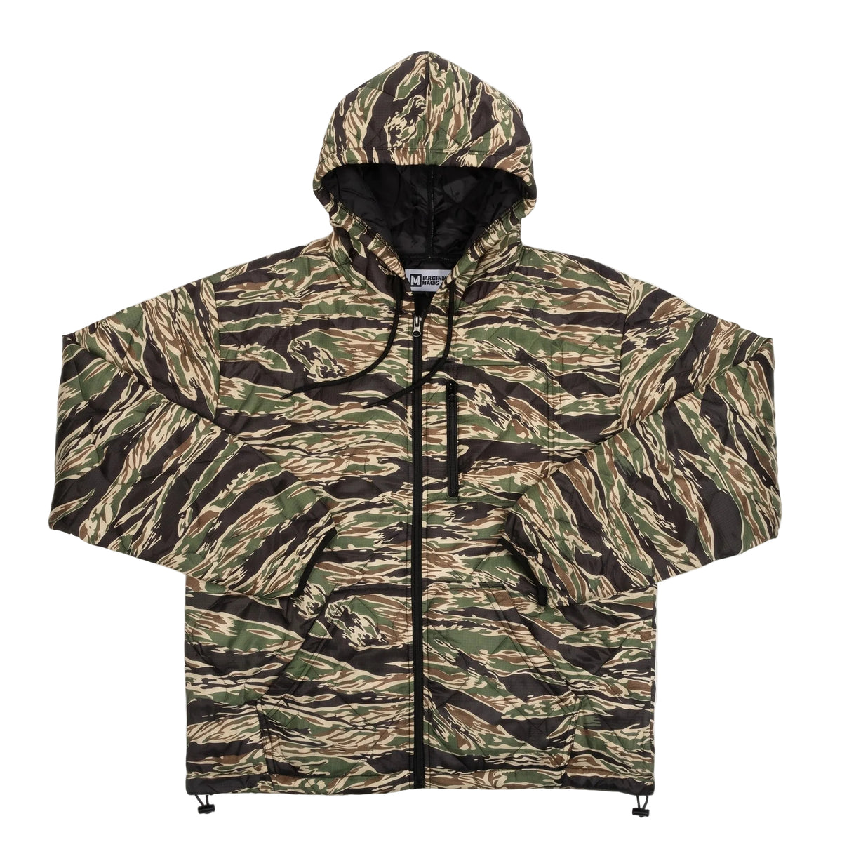 A tiger stripe camouflage hooded jacket with a full front zipper, black drawstrings, and a black interior lining, shown flat against a white background.