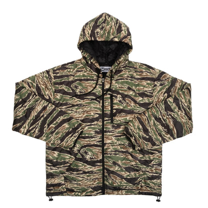 A tiger stripe camouflage hooded jacket with a full front zipper, black drawstrings, and a black interior lining, shown flat against a white background.