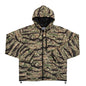 A tiger stripe camouflage hooded jacket with a full front zipper, black drawstrings, and a black interior lining, shown flat against a white background.